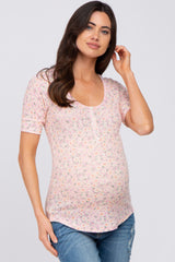 Light Pink Floral Waffle Knit Button Accent Maternity Top