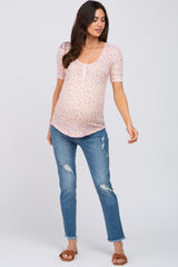 Light Pink Floral Waffle Knit Button Accent Maternity Top