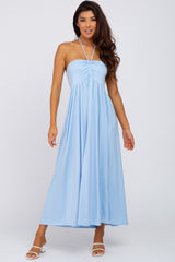 Light Blue Cinched Halter Neck Midi Dress