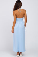 Light Blue Cinched Halter Neck Midi Dress