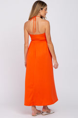 Orange Cinched Halter Neck Maternity Midi Dress