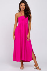 Fuchsia Cinched Halter Neck Maternity Midi Dress