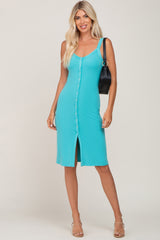 Aqua Ribbed Snap Button Front Maternity Midi Dress