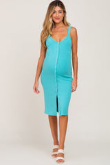 Aqua Ribbed Snap Button Front Maternity Midi Dress