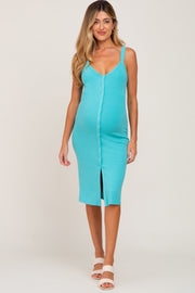 Aqua Ribbed Snap Button Front Maternity Midi Dress