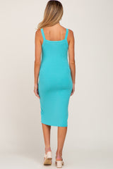 Aqua Ribbed Snap Button Front Maternity Midi Dress