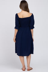 Navy Blue Smocked Front Tie Maternity Midi Dress