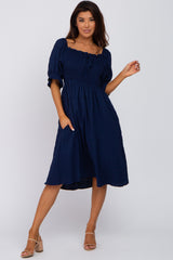 Navy Blue Smocked Front Tie Midi Dress