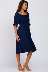 Navy Blue Smocked Front Tie Midi Dress