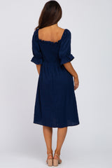 Navy Blue Smocked Front Tie Midi Dress