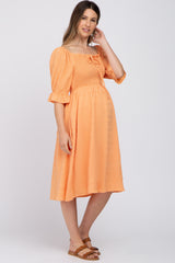 Orange Smocked Front Tie Maternity Midi Dress