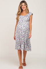 Light Green Floral Overlap Waist Tie Maternity Dress