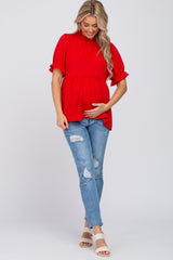 Red Ruffle Trim Maternity Blouse