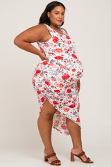 Ivory Floral Ruched Asymmetrical Maternity Plus Midi Dress