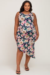 Navy Floral Ruched Asymmetrical Maternity Plus Midi Dress