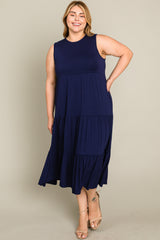 Navy Tiered Sleeveless Plus Midi Dress