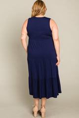 Navy Tiered Sleeveless Plus Midi Dress