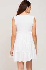 White Sleeveless Smocked Tiered Maternity Dress