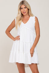 White Sleeveless Smocked Tiered Maternity Dress