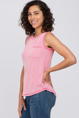 Pink Ribbed Pocket Front Tank Top