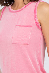 Pink Ribbed Pocket Front Tank Top