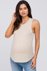 Beige Solid Sleeveless Maternity Top