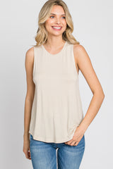 Beige Solid Sleeveless Top