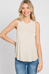 Beige Solid Sleeveless Top