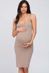 Taupe Basic Sleeveless Maternity Fitted Dress