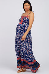 Blue Floral Paisley Edge Button Front Maternity Maxi Dress