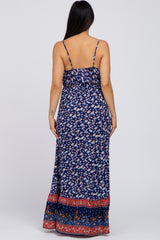 Blue Floral Paisley Edge Button Front Maternity Maxi Dress