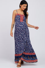 Blue Floral Paisley Edge Button Front Maternity Maxi Dress