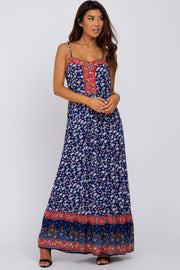 Blue Floral Paisley Edge Button Front Maxi Dress