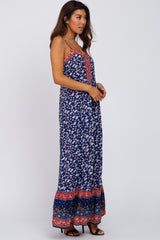 Blue Floral Paisley Edge Button Front Maxi Dress