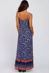 Blue Floral Paisley Edge Button Front Maxi Dress