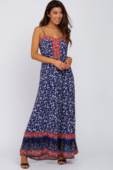 Blue Floral Paisley Edge Button Front Maxi Dress