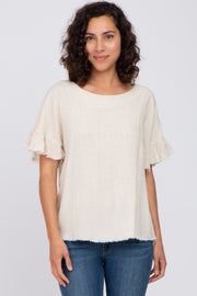 Beige Linen Fringe Cutout Back Top