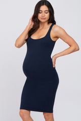 Navy Blue Basic Sleeveless Maternity Fitted Dress