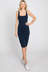 Navy Blue Basic Sleeveless Fitted Dress