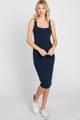 Navy Blue Basic Sleeveless Fitted Dress