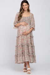 Pink Floral Chiffon Square Neck Smocked Ruffle Tiered Maternity Midi Dress