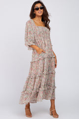 Pink Floral Chiffon Square Neck Smocked Ruffle Tiered Midi Dress