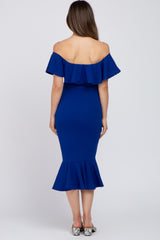 Royal Blue Ruffle Off Shoulder Mermaid Hem Maternity Dress