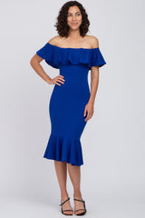 Royal Blue Ruffle Off Shoulder Mermaid Hem Dress