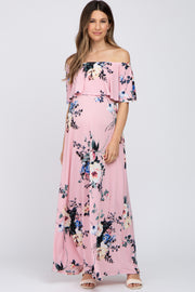 Pink Floral Flounce Off Shoulder Maternity Maxi Dress