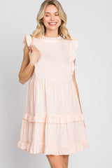 Light Peach Textured Satin Ruffle Accent Dress