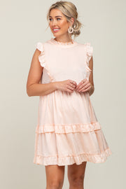 Light Peach Textured Satin Ruffle Accent Maternity Dress