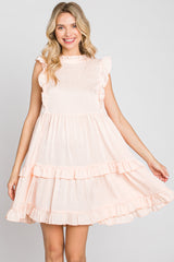 Light Peach Textured Satin Ruffle Accent Dress