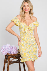 Yellow Floral Knotted Front Smocked Fitted Mini Dress