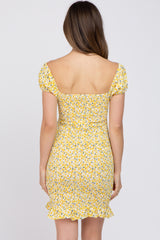 Yellow Floral Knotted Front Smoked Fitted Maternity Mini Dress